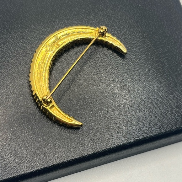 Swarovski gold tone clear rhinestone crescent moon brooch pin